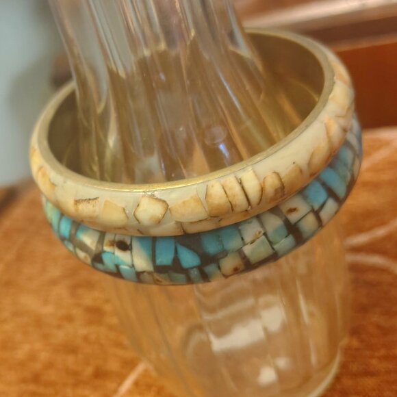 Vtg 70s Set of 2 BRASS MOSAIC Stone Chunky BANGLEs BRACELET Hippie BOHO Artisan - Picture 4 of 7